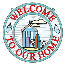 OL1700 - MDF Seaside Doodles -  Round Beach Hut Scene Layered Plaque ‘Welcome to our home’ - Olifantjie - Wooden - MDF - Lasercut - Blank - Craft - Kit - Mixed Media - UK
