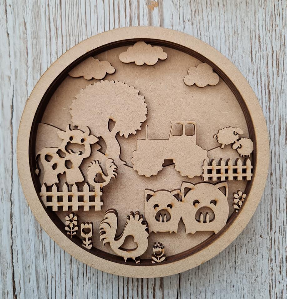 OL580 - MDF Layered Farm Yard Circle Plaque Personalised - Olifantjie - Wooden - MDF - Lasercut - Blank - Craft - Kit - Mixed Media - UK