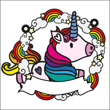 OL2729 - MDF Unicorn 2 doodle rainbows and clouds  hanging Bauble - Olifantjie - Wooden - MDF - Lasercut - Blank - Craft - Kit - Mixed Media - UK