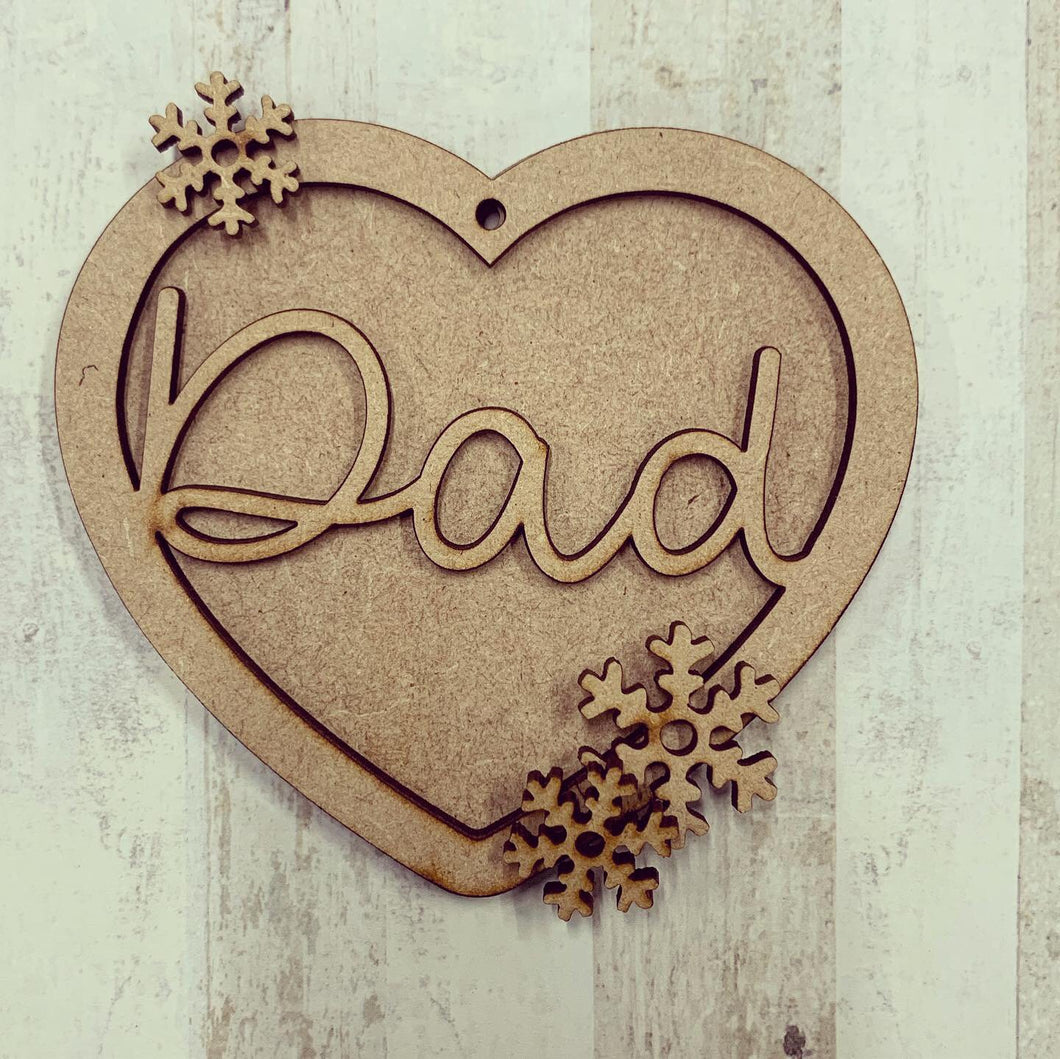HB011 - MDF Hanging Heart - Snowflake Christmas Themed with Choice of Wording - 2 Fonts - Olifantjie - Wooden - MDF - Lasercut - Blank - Craft - Kit - Mixed Media - UK