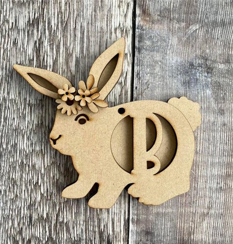 OL561 -MDF Double Layered Easter Bunny with Flowers and Initial - Olifantjie - Wooden - MDF - Lasercut - Blank - Craft - Kit - Mixed Media - UK
