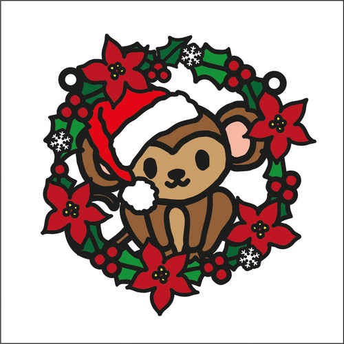 OL2714  - MDF Christmas Monkey doodle Holly Bauble - Olifantjie - Wooden - MDF - Lasercut - Blank - Craft - Kit - Mixed Media - UK