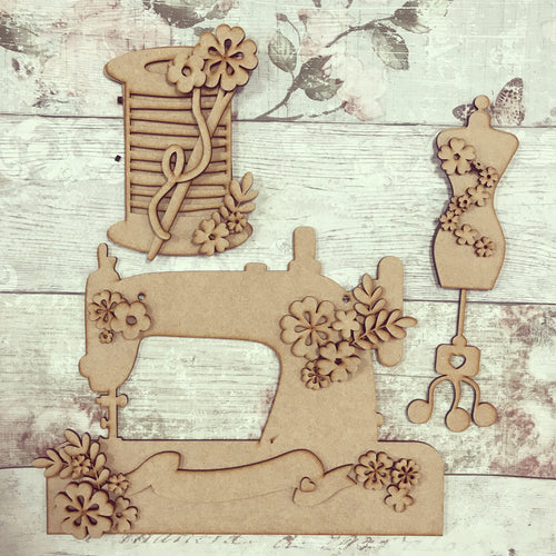 HC018 - MDF Floral Sewing Machine - Set of 3 Kits - Olifantjie - Wooden - MDF - Lasercut - Blank - Craft - Kit - Mixed Media - UK