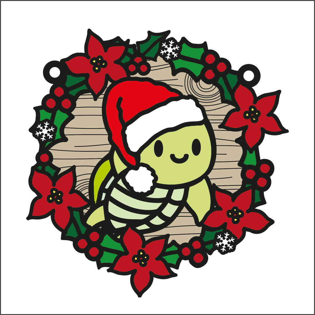 OL2739 - MDF Christmas Cute Turtle doodle Large Holly Wreath Plaque - Olifantjie - Wooden - MDF - Lasercut - Blank - Craft - Kit - Mixed Media - UK