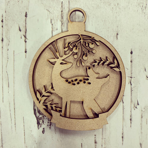 BD004 - Deer and Bird Christmas Bauble - with banner - Olifantjie - Wooden - MDF - Lasercut - Blank - Craft - Kit - Mixed Media - UK