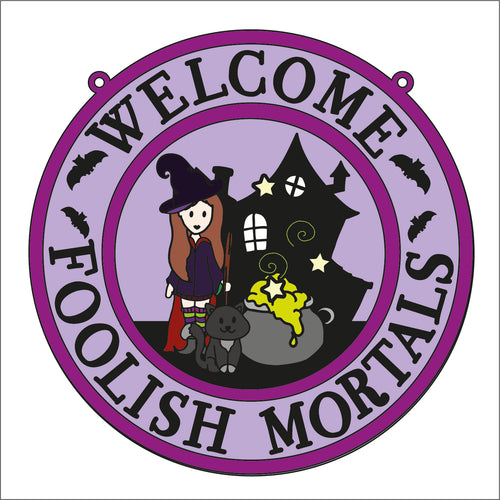 OL1924 - MDF Halloween Doodles -  Round  Scene Layered Plaque- Young witch ‘foolish mortals’ - Olifantjie - Wooden - MDF - Lasercut - Blank - Craft - Kit - Mixed Media - UK