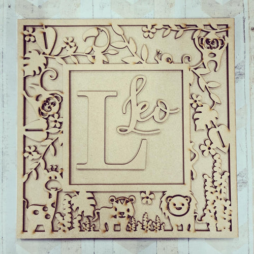 OL894 - MDF Personalised Square Plaque Frame - Jungle Scene - Olifantjie - Wooden - MDF - Lasercut - Blank - Craft - Kit - Mixed Media - UK