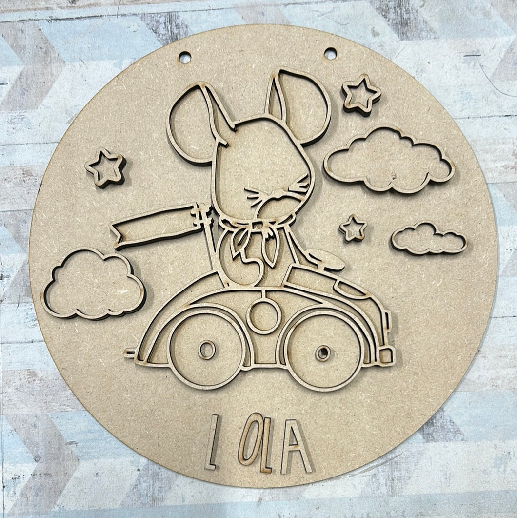 OL2879 - MDF Cute Animal Doodles - Round Scene Personalised Layered Plaque - Car Mouse Scarf - Olifantjie - Wooden - MDF - Lasercut - Blank - Craft - Kit - Mixed Media - UK
