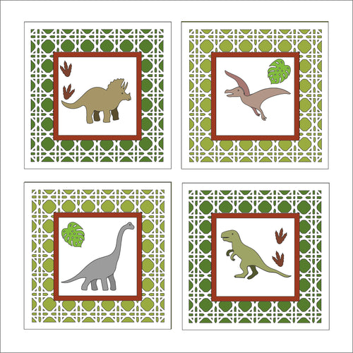 OL1534 - MDF set 4 rattan effect plaques with simple dinosaur theme - Olifantjie - Wooden - MDF - Lasercut - Blank - Craft - Kit - Mixed Media - UK