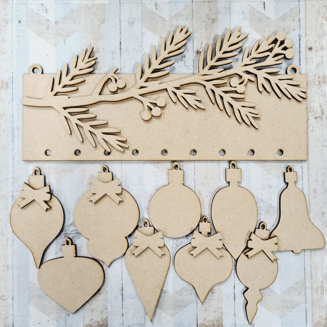 CH411 - MDF Christmas Branch and Bauble Hanging Kit - Olifantjie - Wooden - MDF - Lasercut - Blank - Craft - Kit - Mixed Media - UK