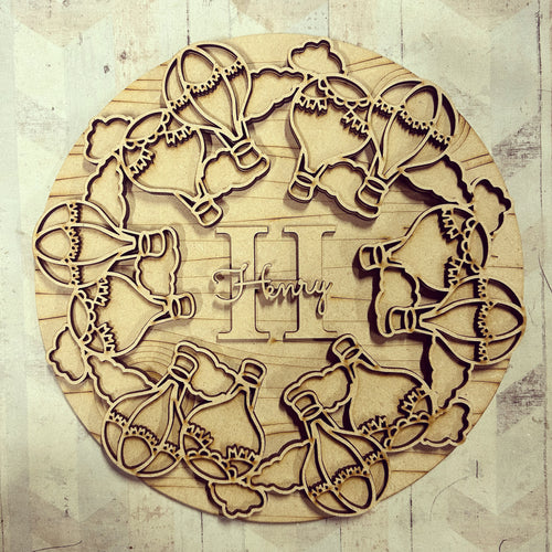 OL2162 - MDF Hot air Balloon Doodle Mandala With Backing and Wording of choice (or Initial and name) - Olifantjie - Wooden - MDF - Lasercut - Blank - Craft - Kit - Mixed Media - UK