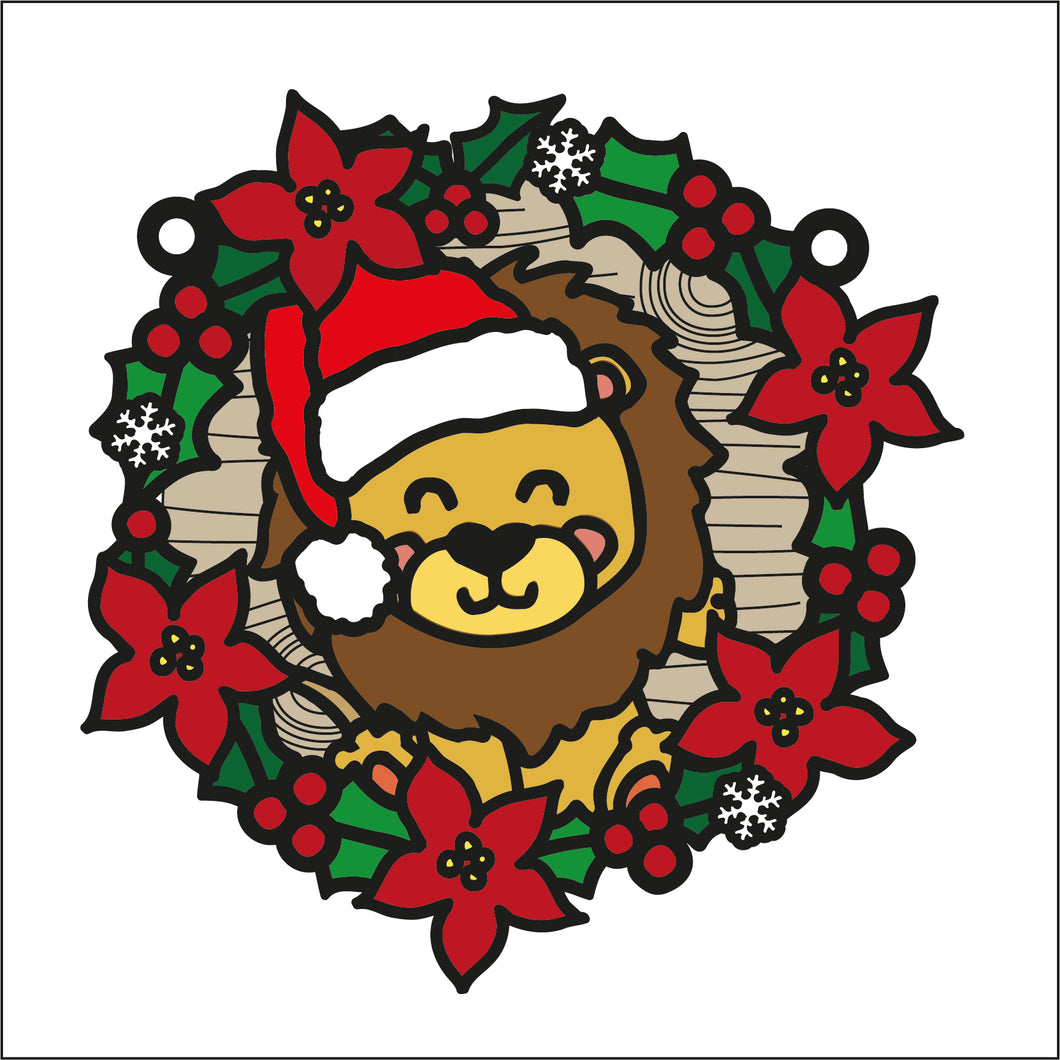 OL2750 - MDF Christmas Lion doodle Large Holly Wreath Plaque - Olifantjie - Wooden - MDF - Lasercut - Blank - Craft - Kit - Mixed Media - UK