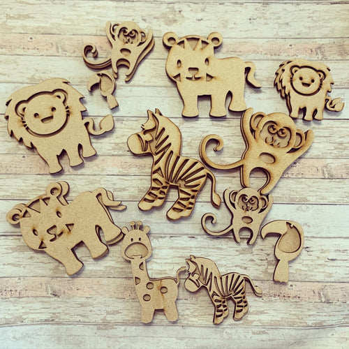 OL547 - MDF Mixed Jungle Animals - Olifantjie - Wooden - MDF - Lasercut - Blank - Craft - Kit - Mixed Media - UK