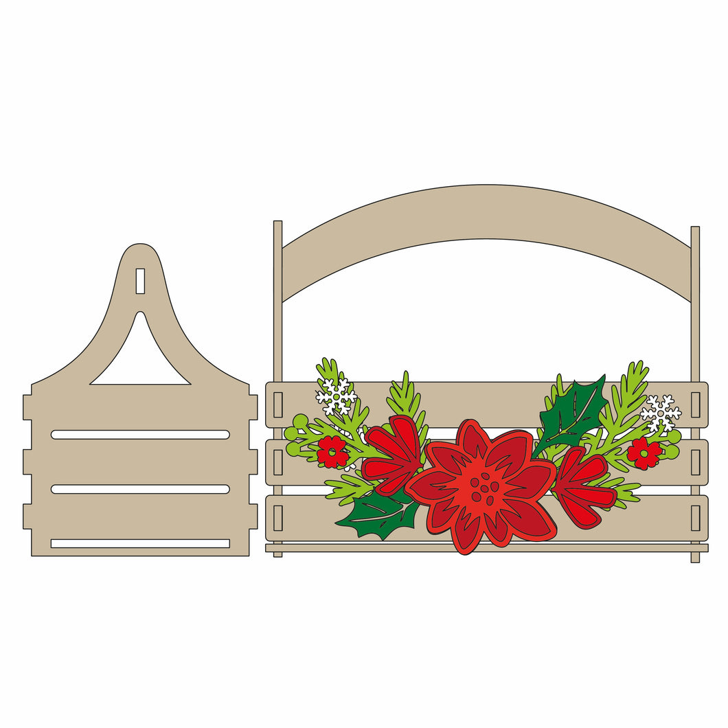 BK007 - MDF Slatted Basket - Christmas Poinsettia Theme - Olifantjie - Wooden - MDF - Lasercut - Blank - Craft - Kit - Mixed Media - UK
