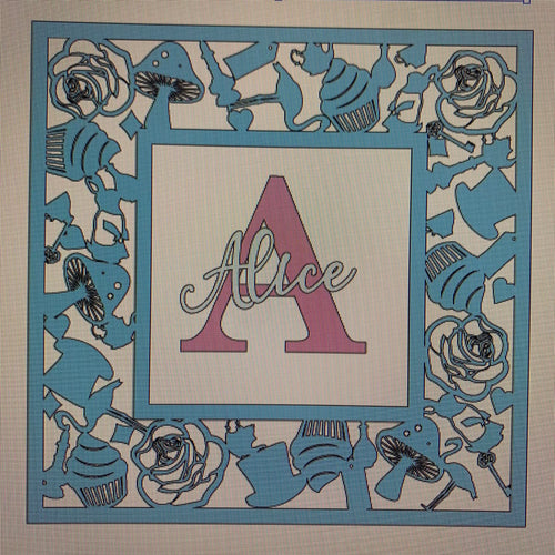 OL906 - MDF Personalised Square Plaque Frame - Alice in Wonderland Theme - Olifantjie - Wooden - MDF - Lasercut - Blank - Craft - Kit - Mixed Media - UK