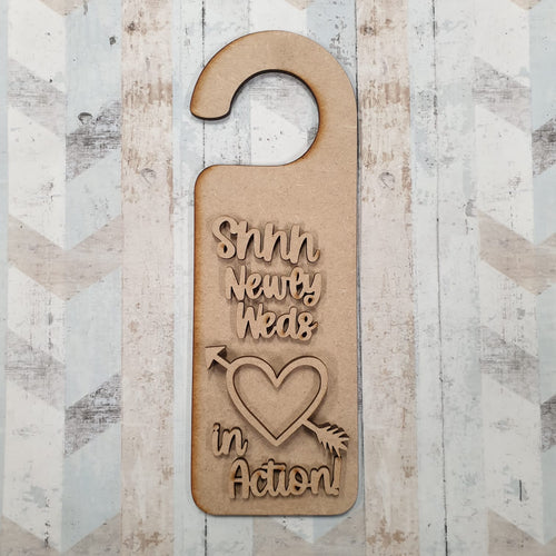 DH007 - Door Hanger - Shhh Newly Weds in action theme - Olifantjie - Wooden - MDF - Lasercut - Blank - Craft - Kit - Mixed Media - UK