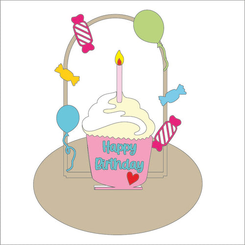 OL1414 - 3d Freestanding Cupcake Birthday Stand - Olifantjie - Wooden - MDF - Lasercut - Blank - Craft - Kit - Mixed Media - UK