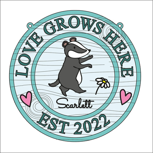 OL1636 - MDF Woodland personalised doodle Circle ‘love  grows here’ est  date Plaque - Badger - Olifantjie - Wooden - MDF - Lasercut - Blank - Craft - Kit - Mixed Media - UK