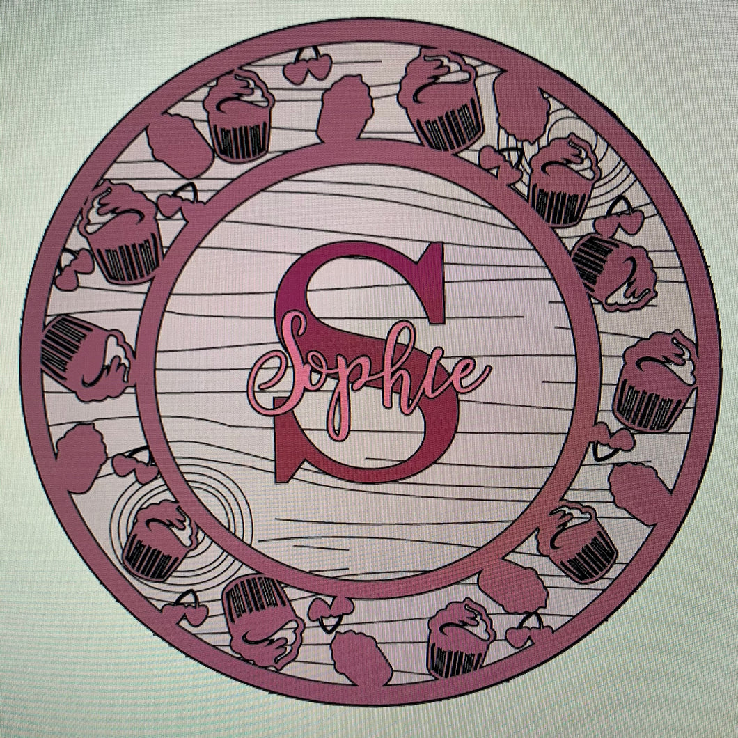 OL484 - MDF Personalised Circle Plaque Frame - Cupcake and Cherries Theme - Olifantjie - Wooden - MDF - Lasercut - Blank - Craft - Kit - Mixed Media - UK