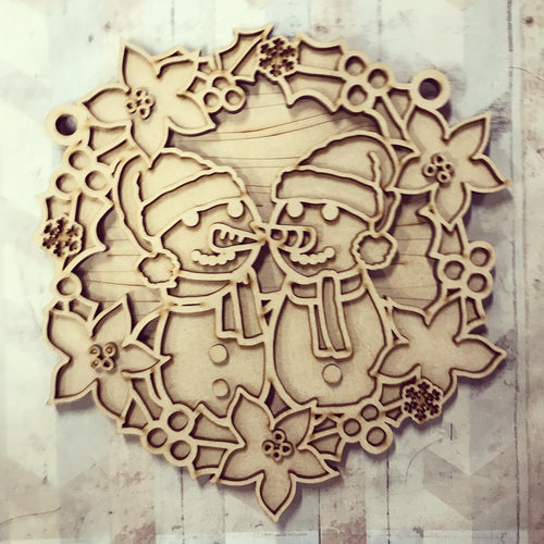 OL2696 - MDF Christmas Snowmen doodle Large Holly Wreath Plaque - Olifantjie - Wooden - MDF - Lasercut - Blank - Craft - Kit - Mixed Media - UK