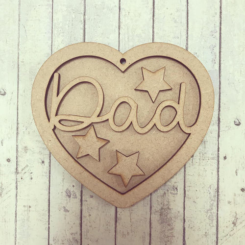 HB009 - MDF Hanging Heart - Star Themed with Choice of Wording - 2 Fonts - Olifantjie - Wooden - MDF - Lasercut - Blank - Craft - Kit - Mixed Media - UK