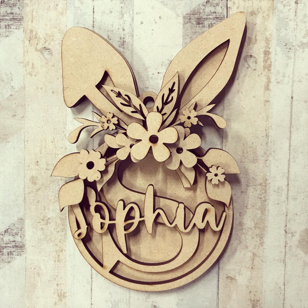 OL1424 - MDF Personalised Intricate Floral Bunny Initial Hanging Bauble - Olifantjie - Wooden - MDF - Lasercut - Blank - Craft - Kit - Mixed Media - UK