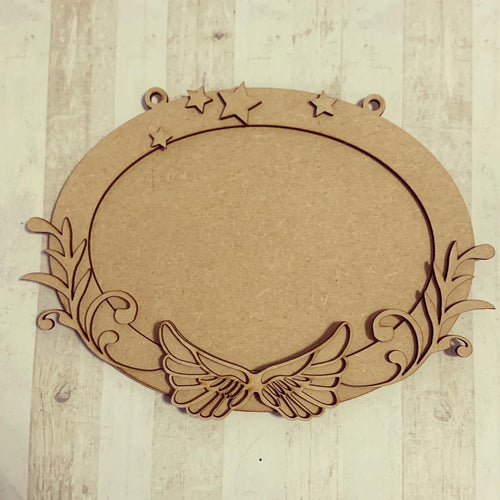 OV007 - MDF Oval Angel Wing Flower  Themed Photo Frame With Hanging - Olifantjie - Wooden - MDF - Lasercut - Blank - Craft - Kit - Mixed Media - UK