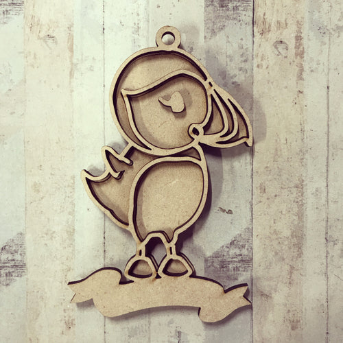 OL2768 - MDF Puffin Doodle Hanging - style 3 - with or without banner - Olifantjie - Wooden - MDF - Lasercut - Blank - Craft - Kit - Mixed Media - UK