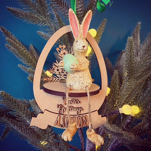 OL1156 - MDF 3d Easter Egg bauble with Ceramic Rabbit - Pink Egg - Foilage - Olifantjie - Wooden - MDF - Lasercut - Blank - Craft - Kit - Mixed Media - UK