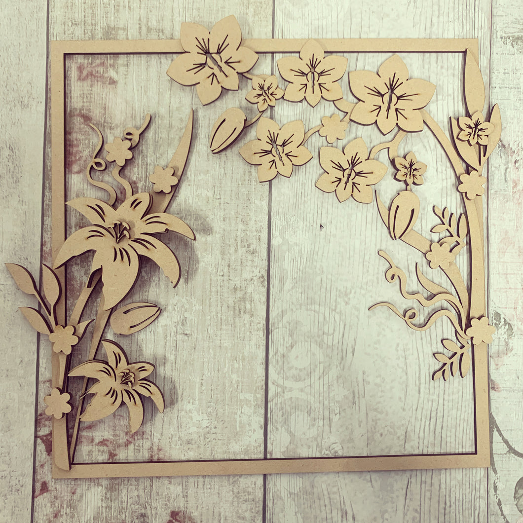 W058 - MDF Lily and Orchid Wreath with one Name  or initial - Olifantjie - Wooden - MDF - Lasercut - Blank - Craft - Kit - Mixed Media - UK