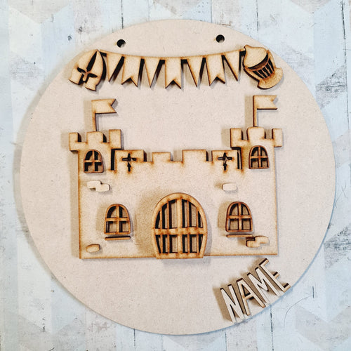 OL2945 MDF Castle Layered - Round Scene Personalised  Plaque with - Olifantjie - Wooden - MDF - Lasercut - Blank - Craft - Kit - Mixed Media - UK