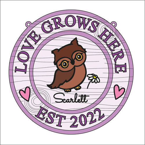 OL1638 - MDF Woodland personalised doodle Circle ‘love  grows here’ est  date Plaque - Owl - Olifantjie - Wooden - MDF - Lasercut - Blank - Craft - Kit - Mixed Media - UK