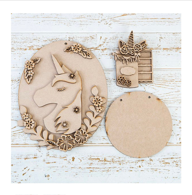 OL370 - MDF Kit - Floral Unicorn and a Cake - Olifantjie - Wooden - MDF - Lasercut - Blank - Craft - Kit - Mixed Media - UK