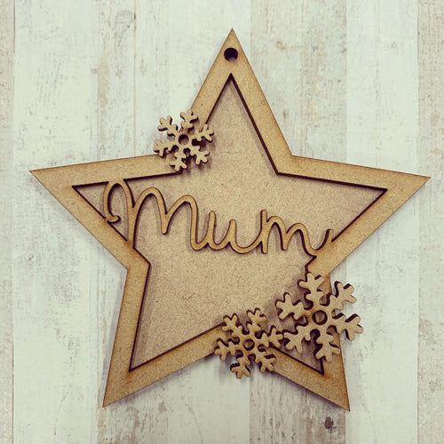 ST010 - MDF Hanging Star - Snowflake Theme Decoration with Choice of Wording - 2 Fonts - Olifantjie - Wooden - MDF - Lasercut - Blank - Craft - Kit - Mixed Media - UK