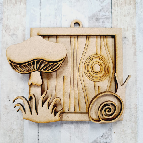 OL1077 - MDF Square wreath with backing   - Snail & Mushrooms - Olifantjie - Wooden - MDF - Lasercut - Blank - Craft - Kit - Mixed Media - UK