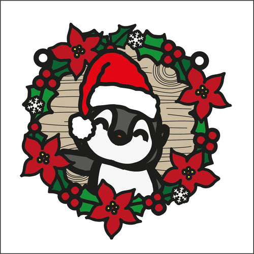 OL2736 - MDF Christmas Arctic Penguin 2 doodle Large Holly Wreath Plaque - Olifantjie - Wooden - MDF - Lasercut - Blank - Craft - Kit - Mixed Media - UK