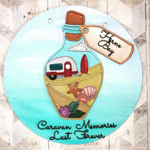 OL1818 - MDF Seaside Doodles -  Round Personalised Bottle Beach Caravan Scene Layered Plaque - Style 3 - Olifantjie - Wooden - MDF - Lasercut - Blank - Craft - Kit - Mixed Media - UK