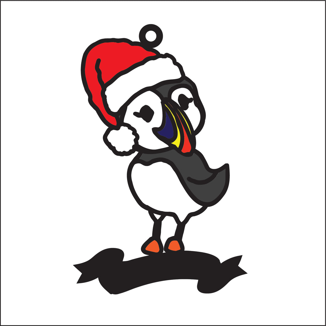 OL2764  - MDF Christmas Doodle Hanging - Puffin style 1 with Hat - with or without banner - Olifantjie - Wooden - MDF - Lasercut - Blank - Craft - Kit - Mixed Media - UK