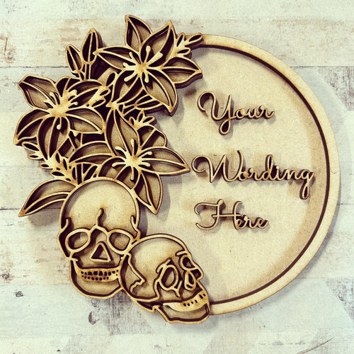 OL3031 - MDF Skull Lily doodle Small Personalised Wreath Plaque - Olifantjie - Wooden - MDF - Lasercut - Blank - Craft - Kit - Mixed Media - UK