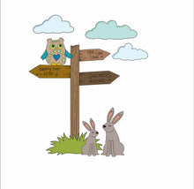 SJ515 - MDF Sarah Jane Owl and Rabbit Signpost - Olifantjie - Wooden - MDF - Lasercut - Blank - Craft - Kit - Mixed Media - UK