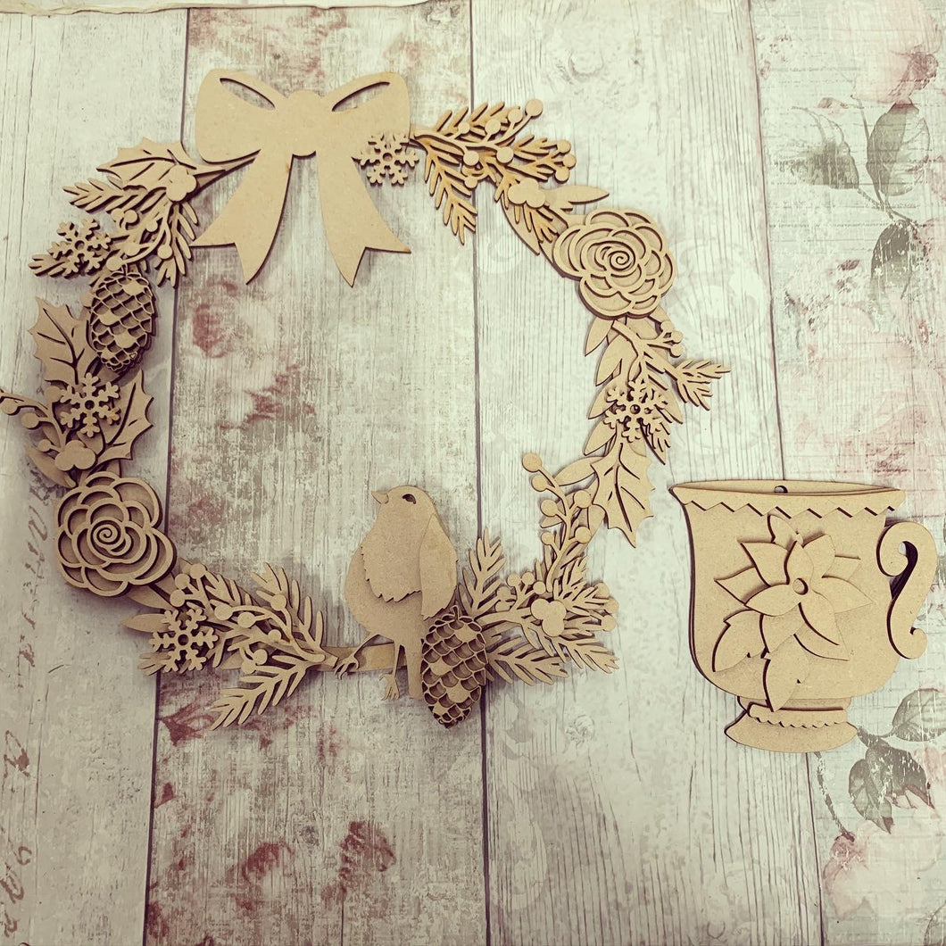 HC123 - MDF Large 25cm Robin Wreath with add on - Olifantjie - Wooden - MDF - Lasercut - Blank - Craft - Kit - Mixed Media - UK