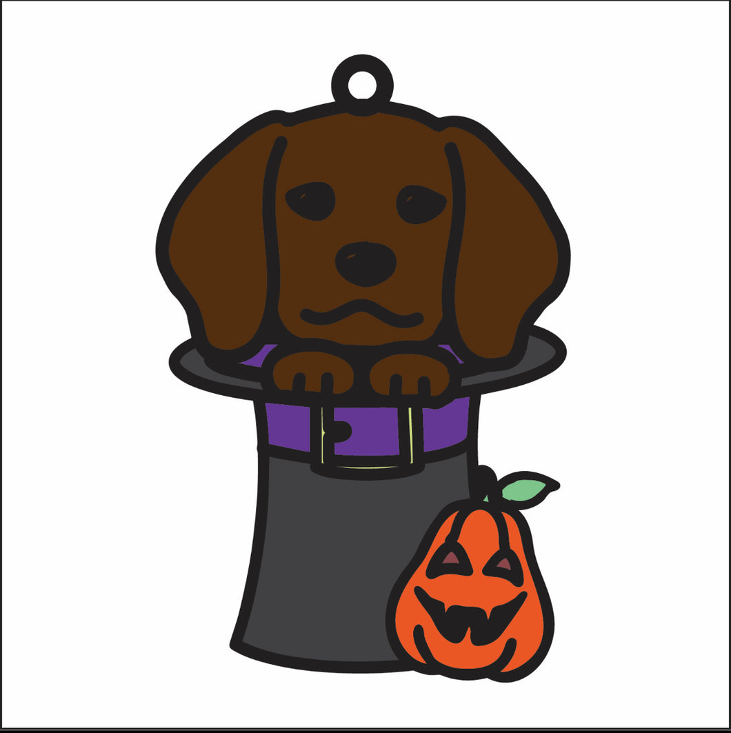 DN035 - MDF Doodle Dog 3 Pumpkin Hat Hanging - With or without Banner - Olifantjie - Wooden - MDF - Lasercut - Blank - Craft - Kit - Mixed Media - UK