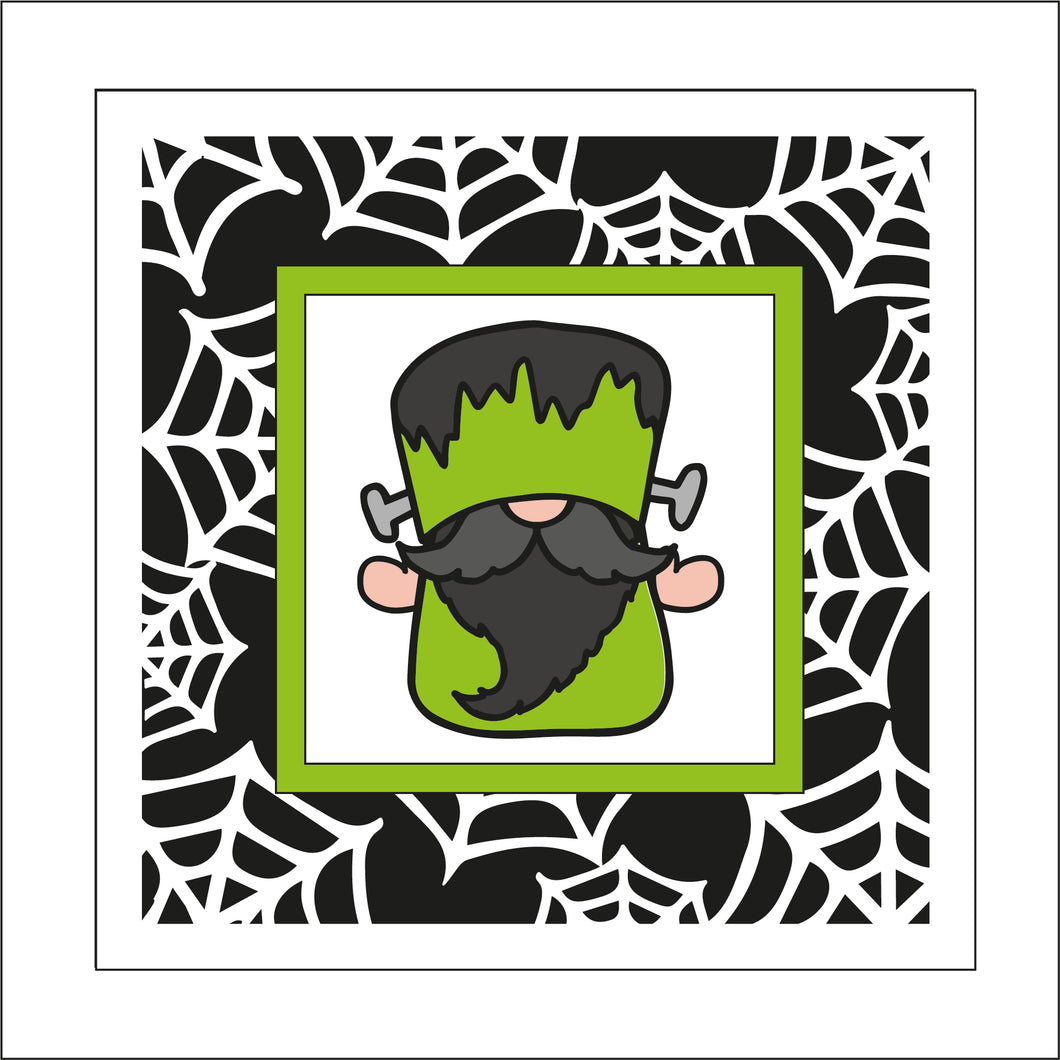 OL2272 - MDF Rattan Effect Square Plaque Halloween Gonk Doodle - Male Frankenstein gnome - Olifantjie - Wooden - MDF - Lasercut - Blank - Craft - Kit - Mixed Media - UK