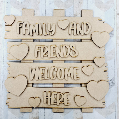 OL949 - MDF ‘Friends and Family Welcome Here ’ Layered Plaque - Olifantjie - Wooden - MDF - Lasercut - Blank - Craft - Kit - Mixed Media - UK