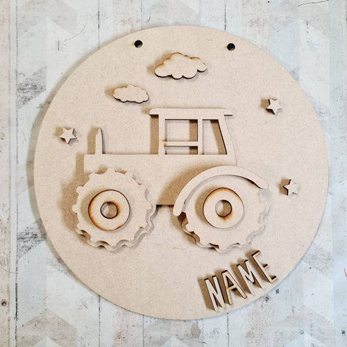 OL2946 MDF Tractor Layered - Round Scene Personalised  Plaque with - Olifantjie - Wooden - MDF - Lasercut - Blank - Craft - Kit - Mixed Media - UK