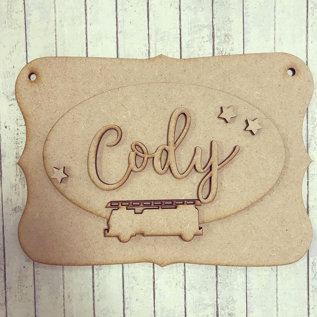 OP040 - MDF Fire Engine Themed Personalised Plaque - Olifantjie - Wooden - MDF - Lasercut - Blank - Craft - Kit - Mixed Media - UK