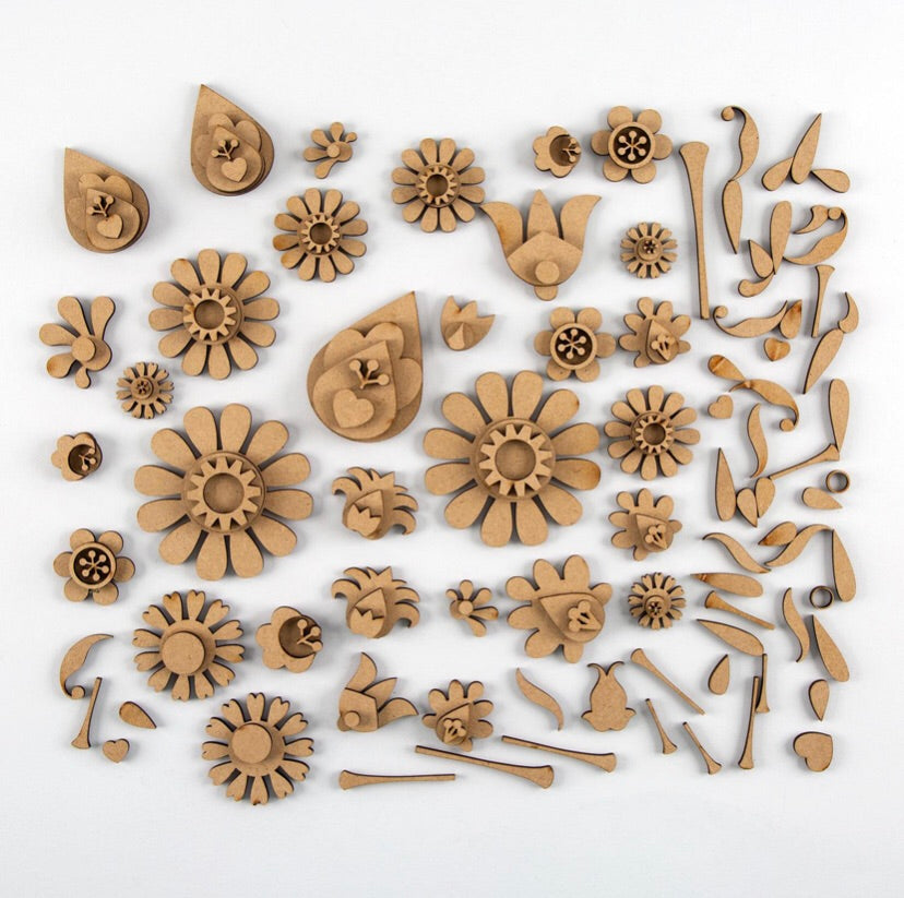 HC081 - MDF Folk Flowers & Stems approx 150 pieces - Olifantjie - Wooden - MDF - Lasercut - Blank - Craft - Kit - Mixed Media - UK