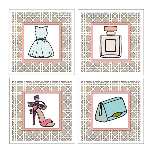 OL1665 - MDF set 4 rattan effect plaques with doodle boutique items - Olifantjie - Wooden - MDF - Lasercut - Blank - Craft - Kit - Mixed Media - UK