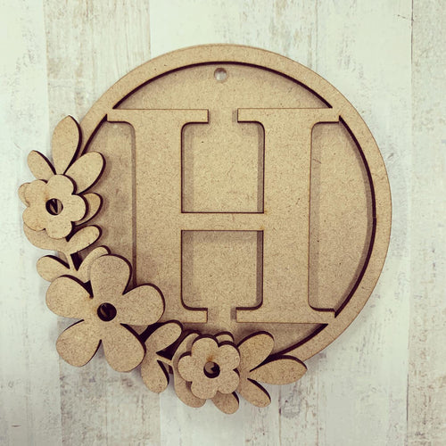 HI006 - MDF personalised hanging circle initial 10cm - floral - Olifantjie - Wooden - MDF - Lasercut - Blank - Craft - Kit - Mixed Media - UK