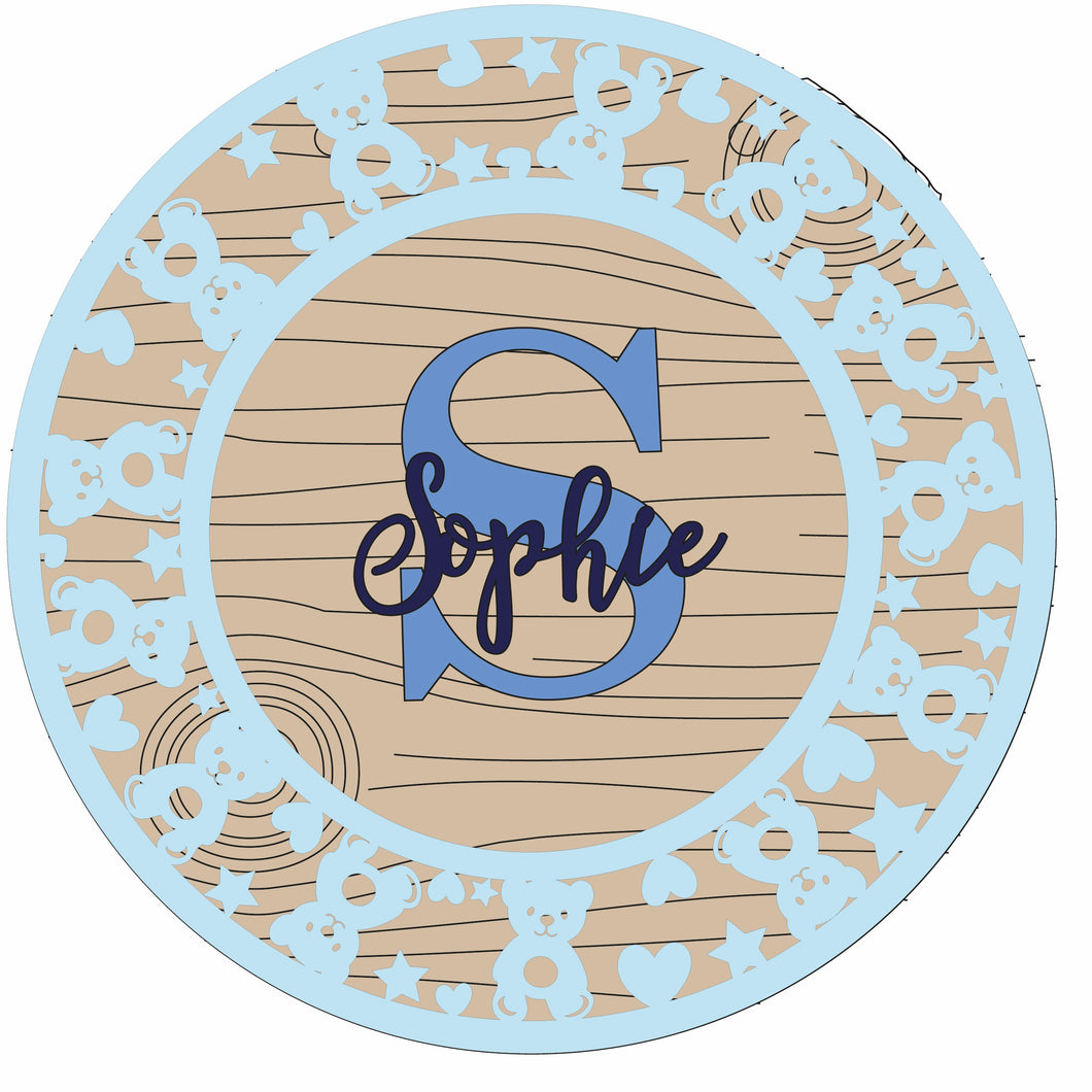 OL1216 - MDF Personalised Circle Plaque Frame - Teddy bear and hearts  Theme - Olifantjie - Wooden - MDF - Lasercut - Blank - Craft - Kit - Mixed Media - UK